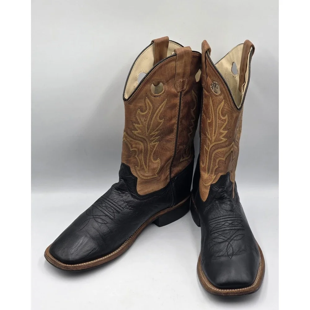 Old West BSY1810 Youth Western Boots Black Tan Calf Leather Square Toe Sz 7